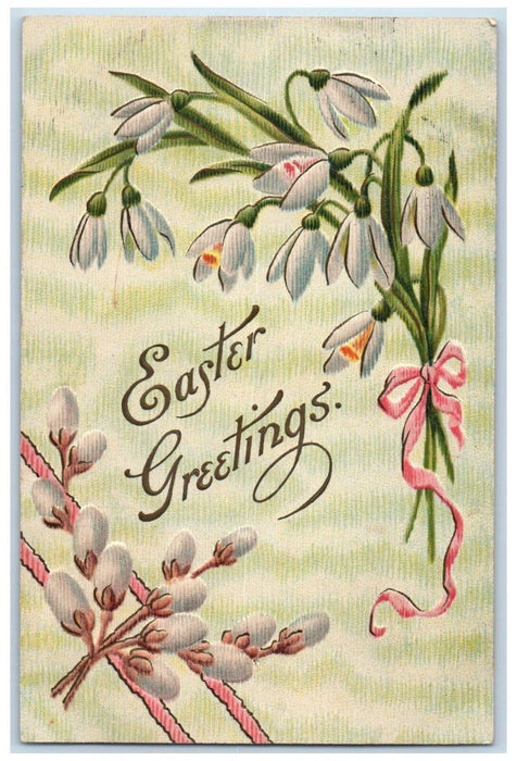 1908 Easter Greetings Pipe Berry White Flowers Ribbon Embossed Antique Postcard