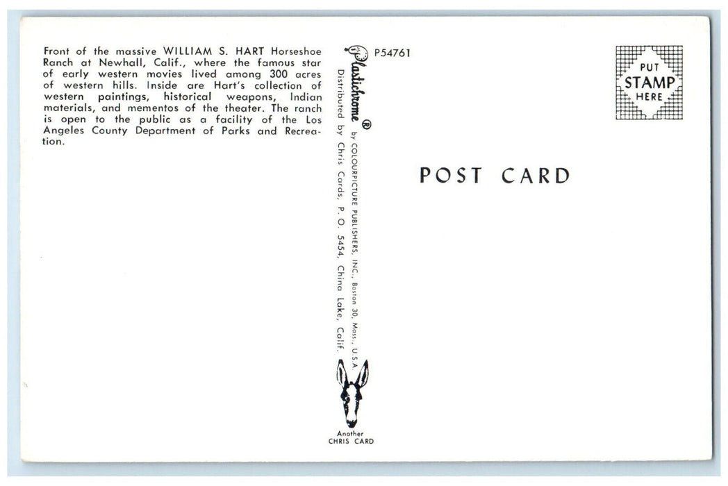 c1950's Front of the Massive William S Hart Horseshoe Ranch Newhall CA Postcard