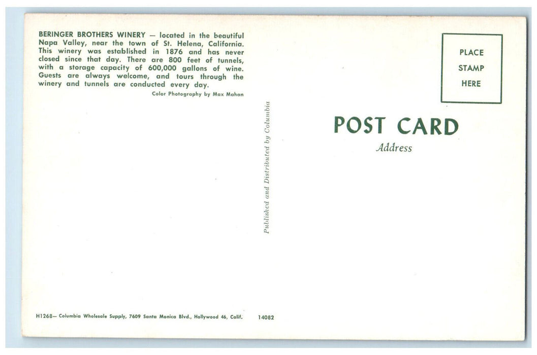 c1950's Beringer Brothers Winery Napa Valley St. Helena California CA Postcard