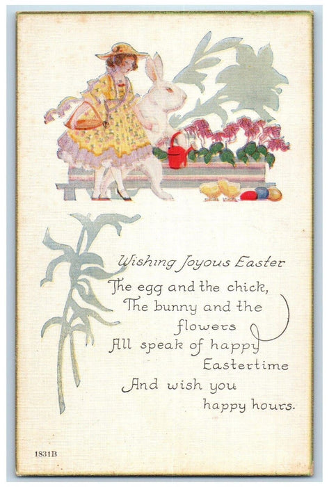 Joyous Easter Girl Anthropomorphic Rabbit Watering Plants Eggs Chicks Postcard