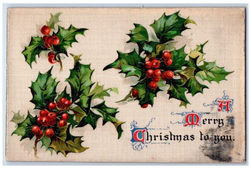 1910 Merry Christmas Holly Berries Silk Keene New Hampshire NH Antique Postcard