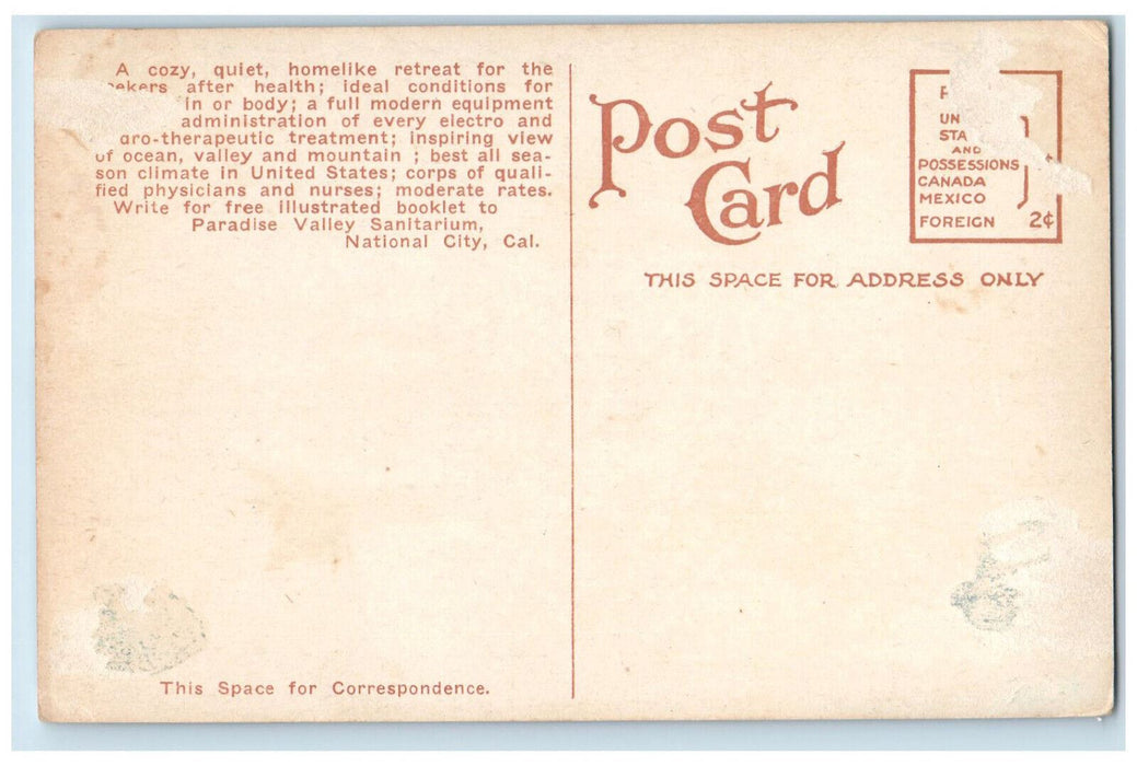 c1910 Paradise Valley Sanitarium National City California CA Antique Postcard