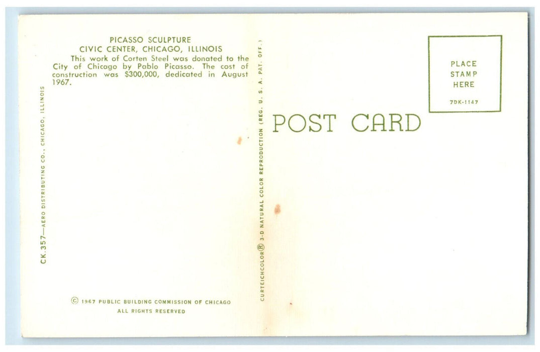 View Of Picasso Sculpture Civic Center Chicago Illinois IL Vintage Postcard