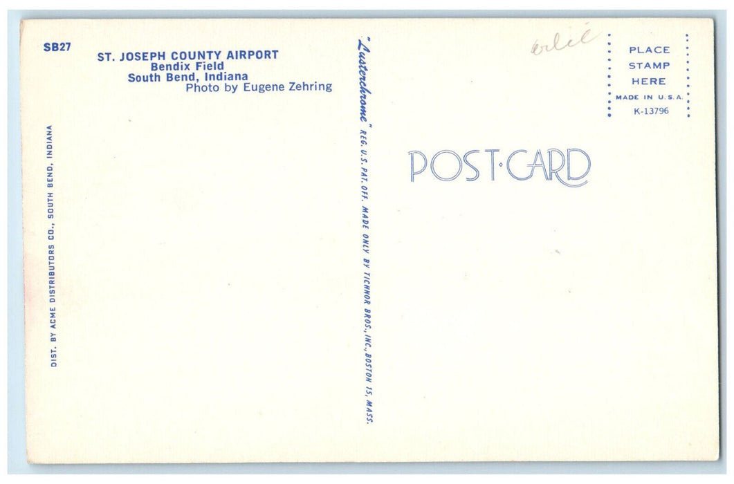 St. Joseph County Airport Airplane Bendix Field South Bend Indiana IN Postcard