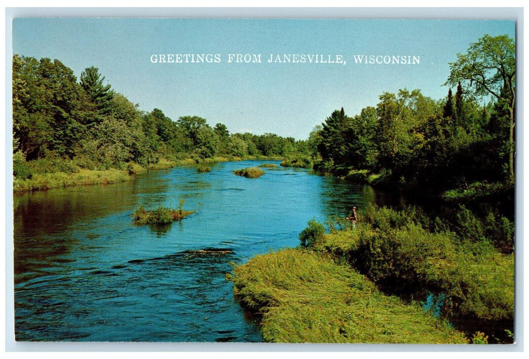 Greetings From Janesville Wisconsin WI, Scenic View Of River Vintage  Postcard