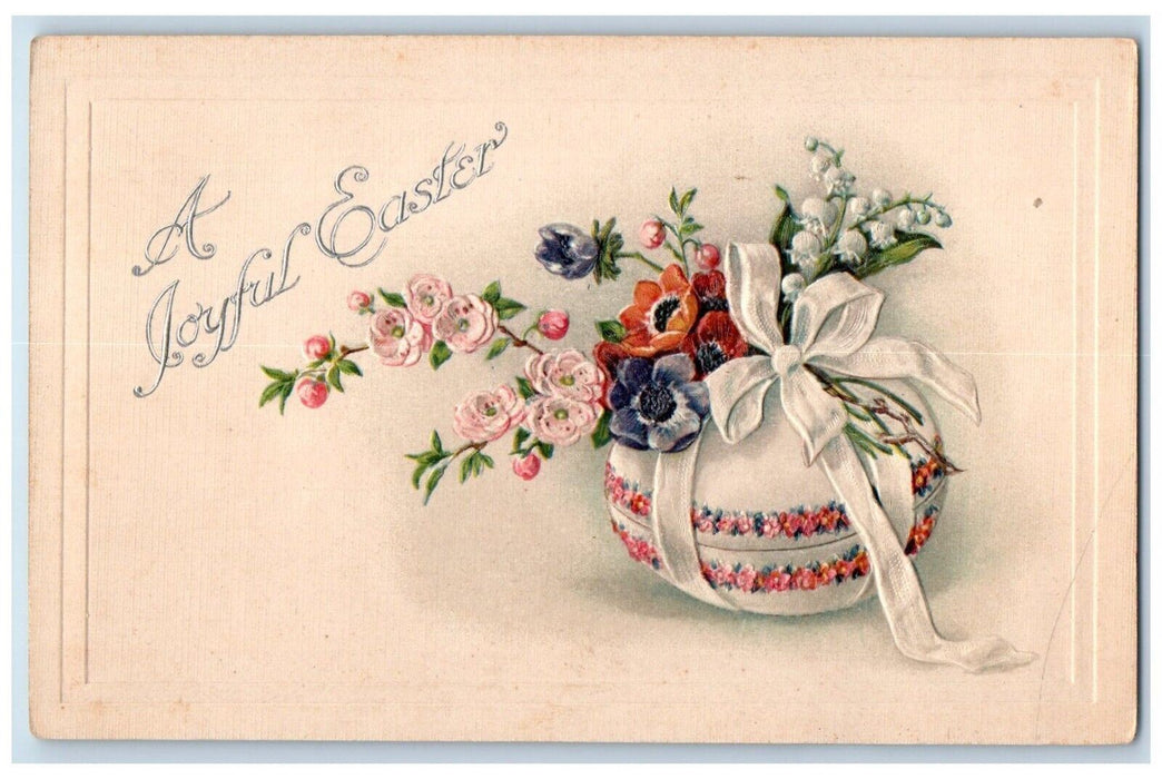 c1910's Joyful Easter Egg Ribbon Pansies Flowers Winsch Back Embossed Postcard