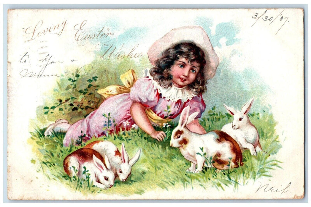 1907 Easter Wishes Girl Bunny Rabbit Flowers Chattanooga TN Tuck's Postcard