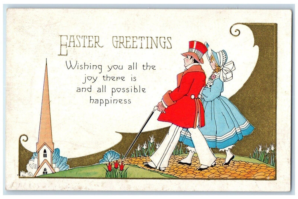 c1910's Easter Greetings Couple Going To Church Arts Crafts Embossed Postcard
