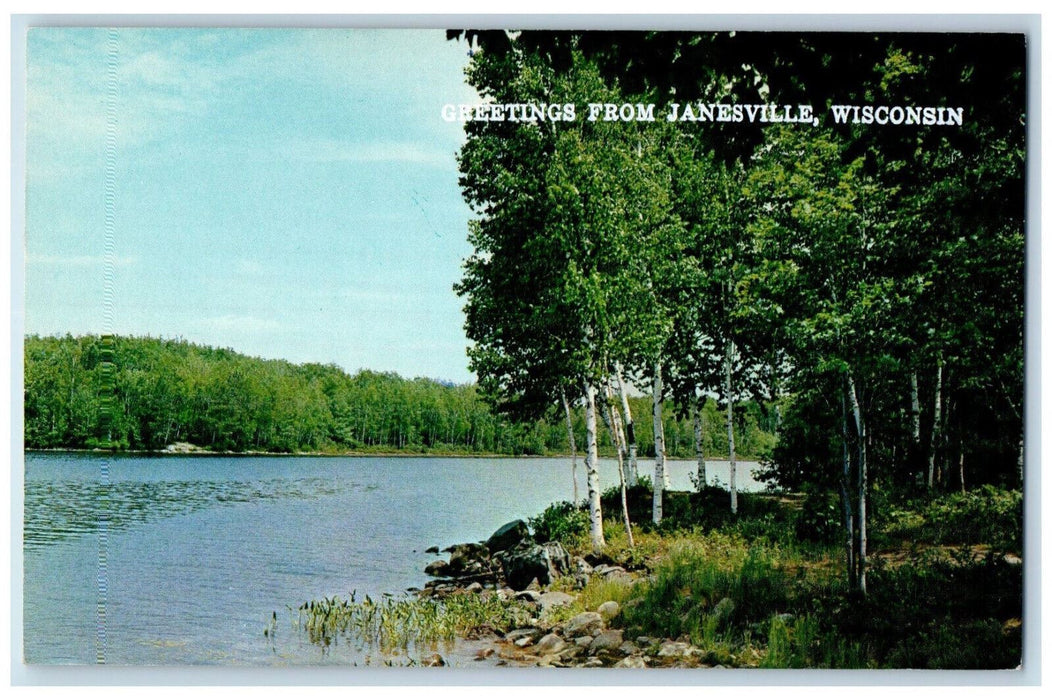 Greetings From Janesville Wisconsin WI, Scenic View Of Lake Trees Postcard