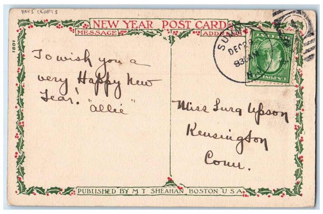 c1910's New Year Message Holly Berries Arts Crafts Summit New Jersey NJ Postcard