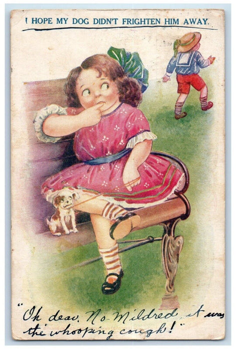 1915 Valentine Girl And Dog Whooping Cough Bamforth Manchester CT Postcard