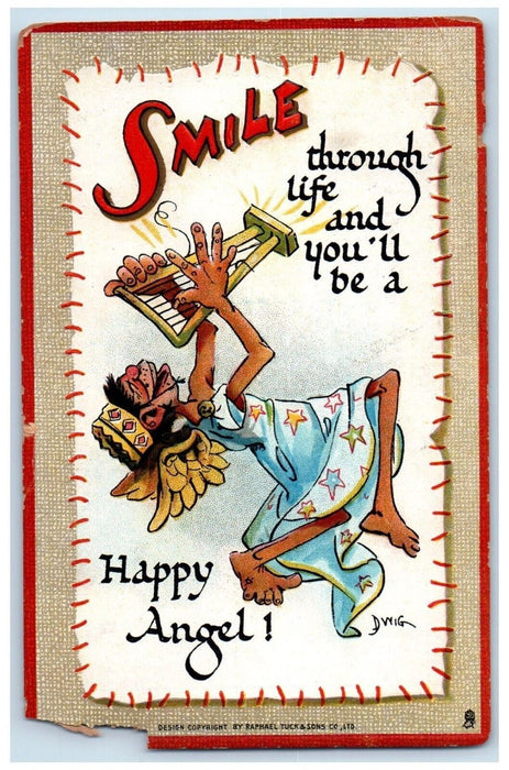 1910 Drunk Playing Harp Smile Tuck's Embossed Philadelphia PA Antique Postcard