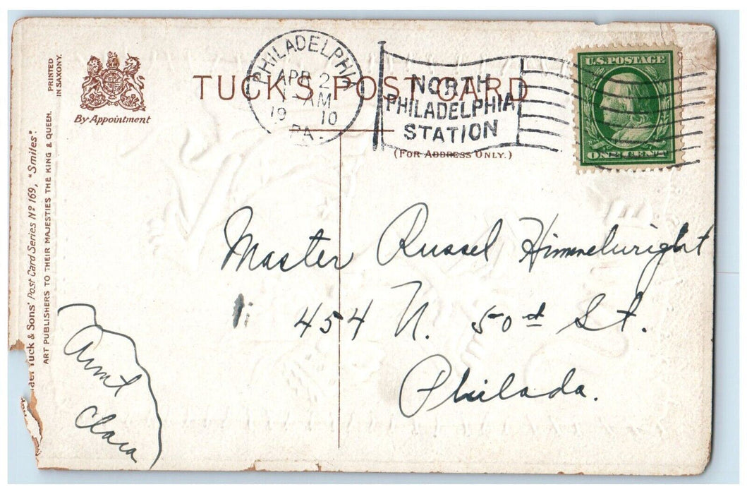 1910 Drunk Playing Harp Smile Tuck's Embossed Philadelphia PA Antique Postcard