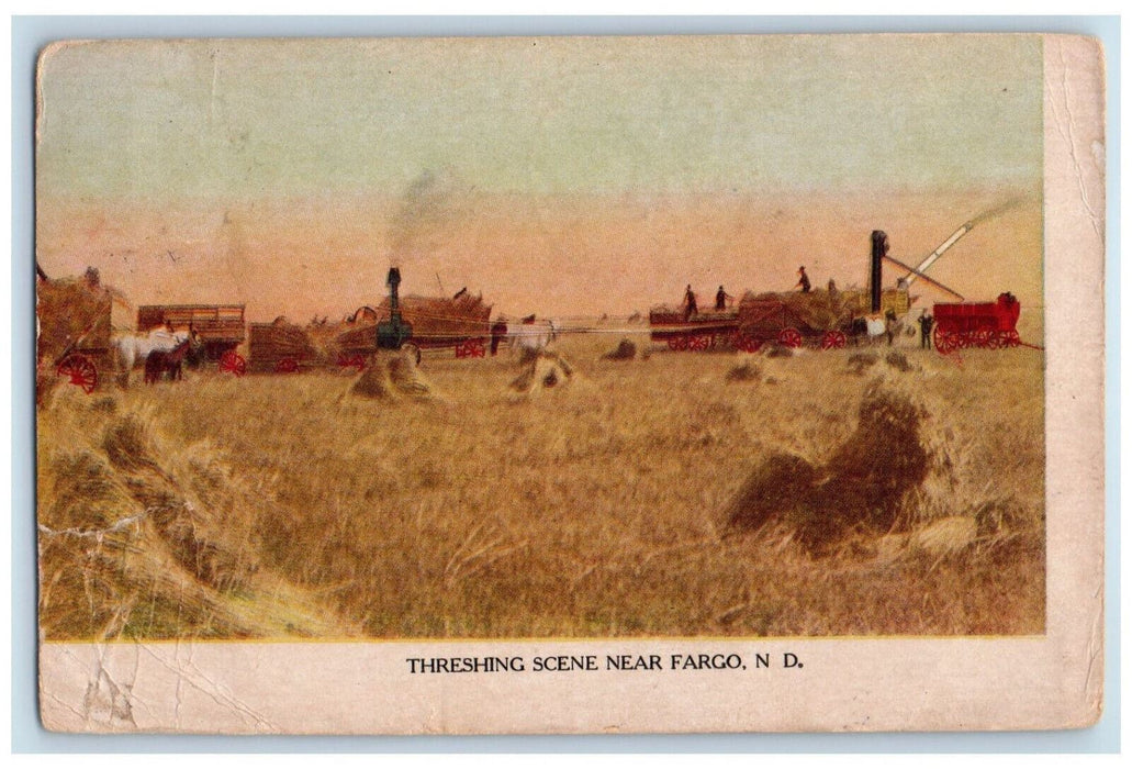 1907 Threshing Scene Near Fargo North Dakota ND, Farmland Horse Wagon Postcard