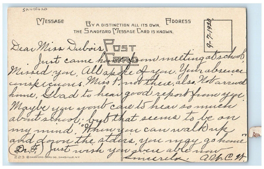 1920 Friendship Message Blue Flowers Sanford Posted Antique Postcard
