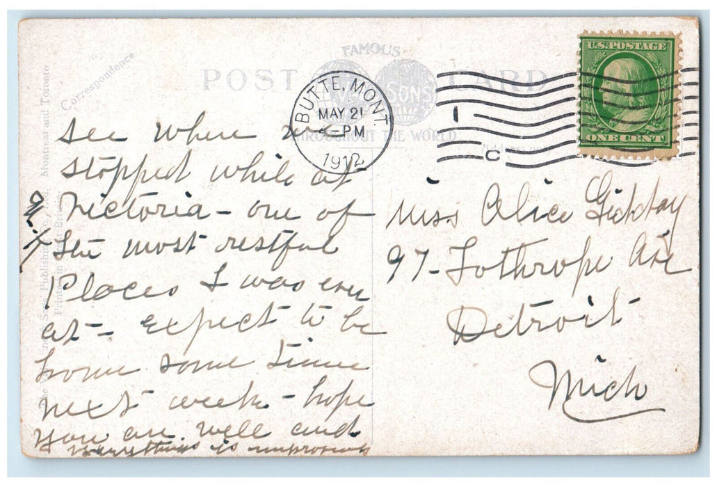 1912 View Of Oak Bay Hotel Victoria British Columbia Canada, Butte MT Postcard