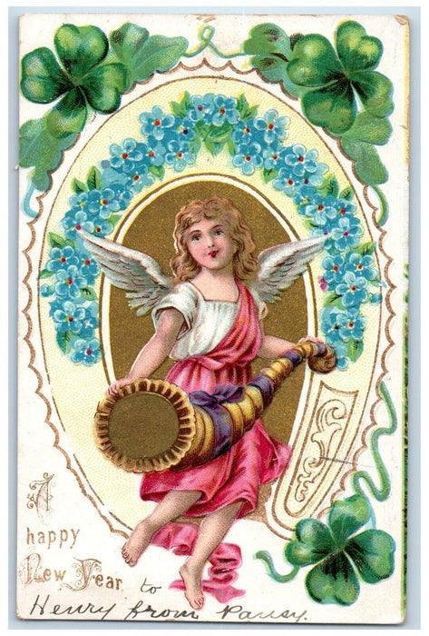1906 New Year Cornucopia Angel Pansies Flowers Horsehoe Shamrock Posted Postcard