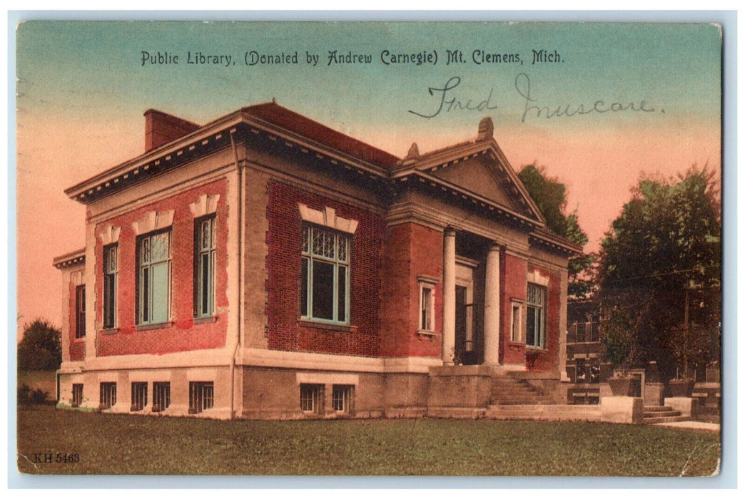 1908 Public Library Exterior Scene Mt. Clemens Michigan MI Antique Postcard