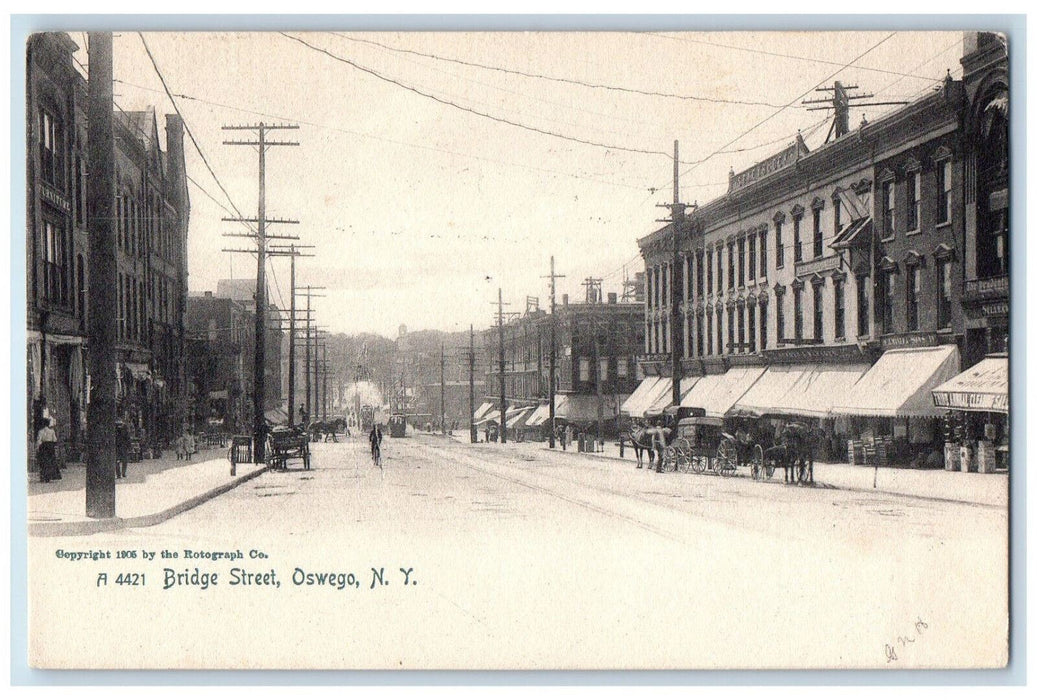Bridge Street Horse Carriage Oswego New York NY Rotograph Antique Postcard