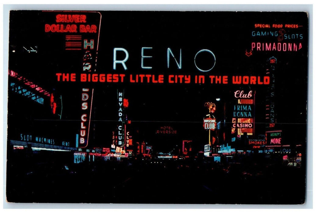 1960 Reno Arch Virginia Street Blaze Lights Center Night Club Casino NV Postcard