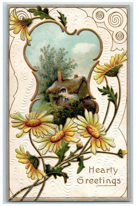 1911 Hearty Greetings Flowers House Chimney Embossed Nash Antique Postcard