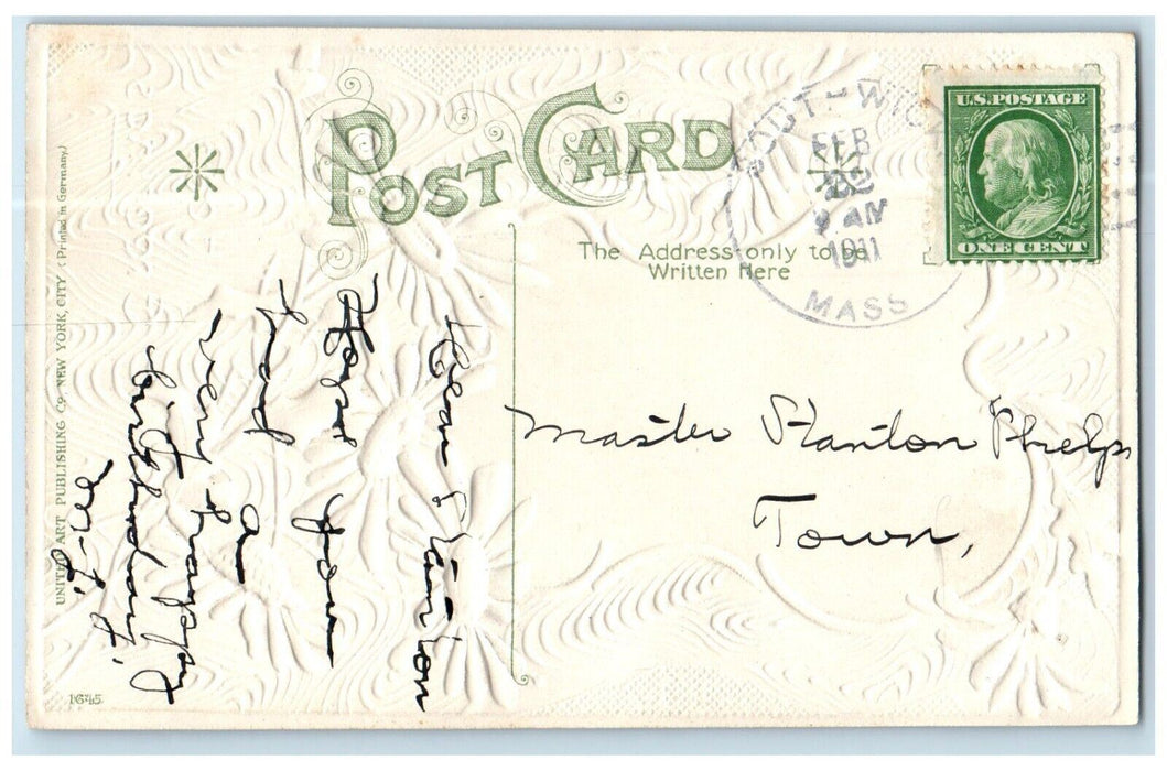 1911 Hearty Greetings Flowers House Chimney Embossed Nash Antique Postcard