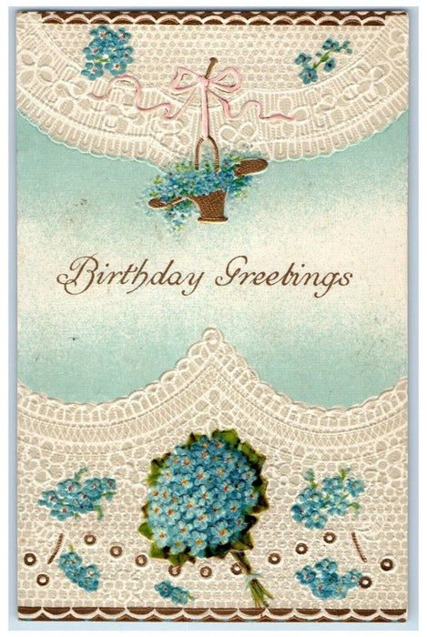 1911 Birthday Greetings Hanging Basket Pansies Flowers Bouquet Embossed Postcard
