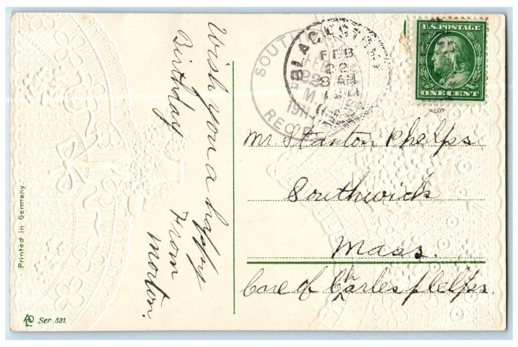 1911 Birthday Greetings Hanging Basket Pansies Flowers Bouquet Embossed Postcard