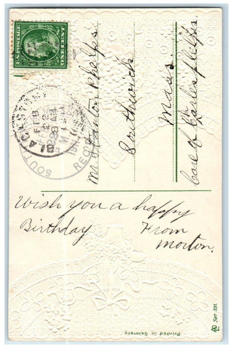 1911 Birthday Greetings Hanging Basket Pansies Flowers Bouquet Embossed Postcard