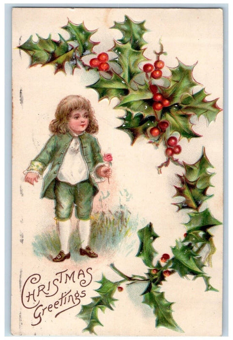 Christmas Greetings Boy Holding Flowers Holly Berries Nash Embossed Postcard