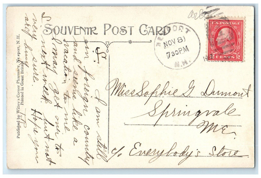 1917 Corner Main And Sunapee Streets Newport New Hampshire NH Antique Postcard