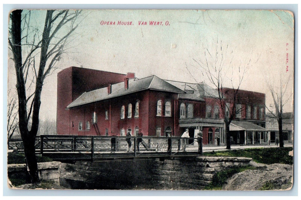 1909 View Of Opera House Bridge River Showing Van Wert Ohio OH Antique Postcard