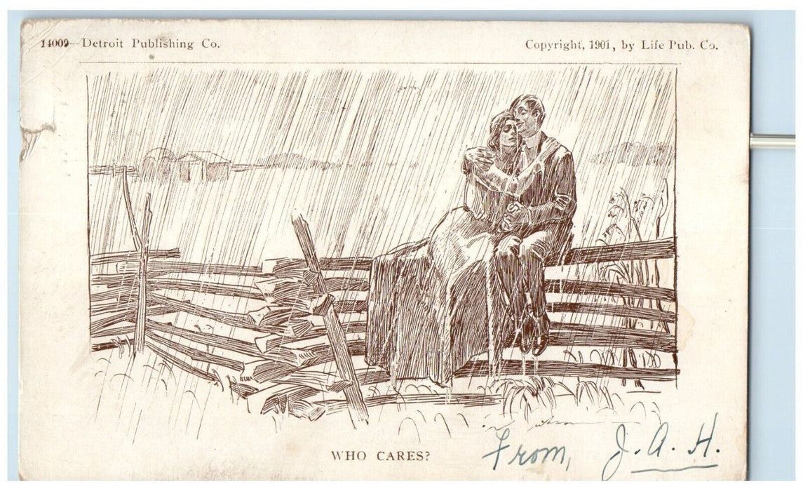 1907 Who Cares Sweet Couple Romance Sitting Fence Raining Antique Postcard