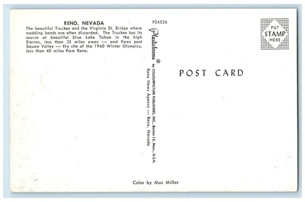 c1960 Truckee Virginia St. Bridge Lake Tahoe Sierras Squaw Reno Nevada Postcard