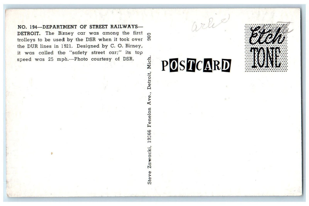 The Birney Trolley Car Department Of Street Railways Detroit MI Postcard