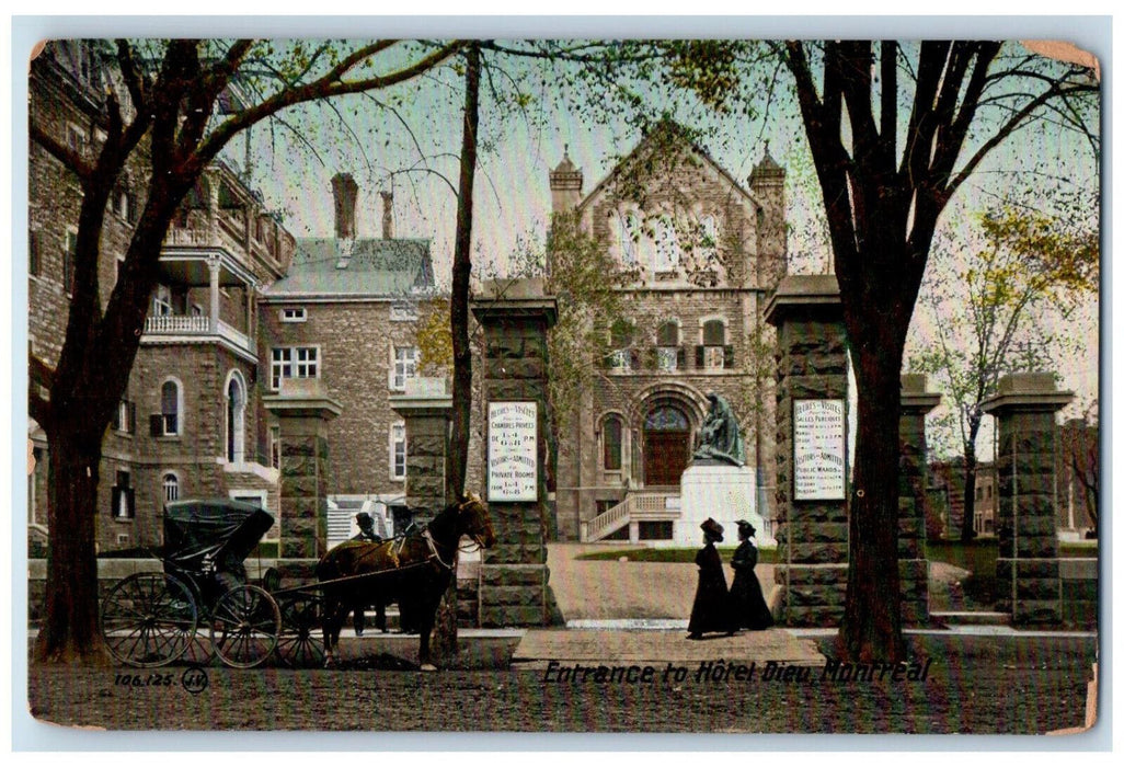 Entrance To Hotel Dieu Montreal Quebec Canada, Horse Carriage Scene Postcard