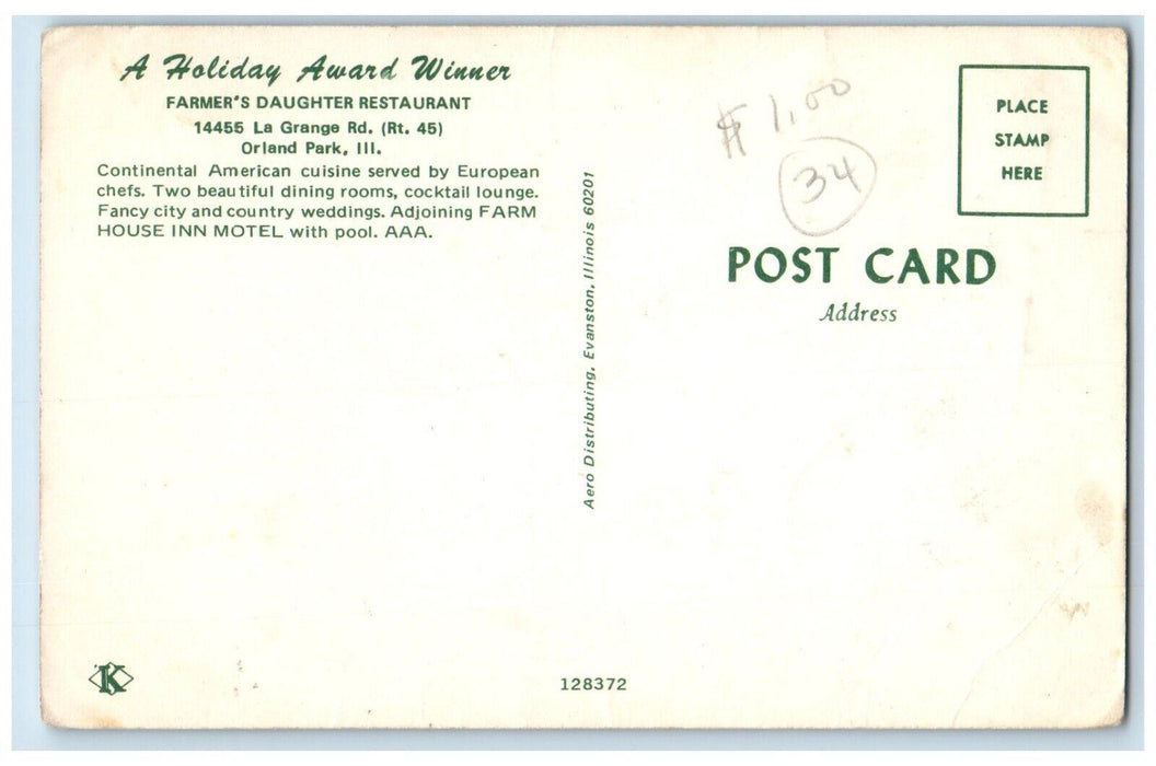 c1960 Holiday Award Winner Farmer's Daughter Restaurant Orland Park IL Postcard