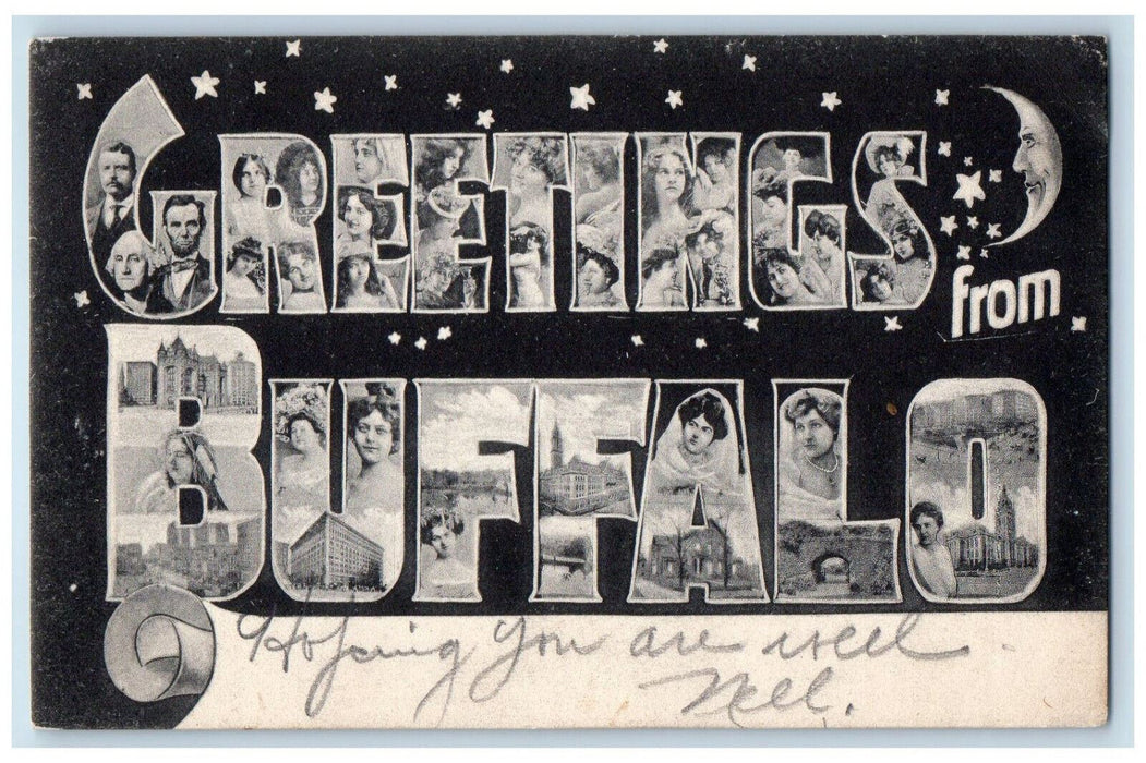 1907 Greetings From Buffalo New York NY, Large Letter Antique Posted Postcard