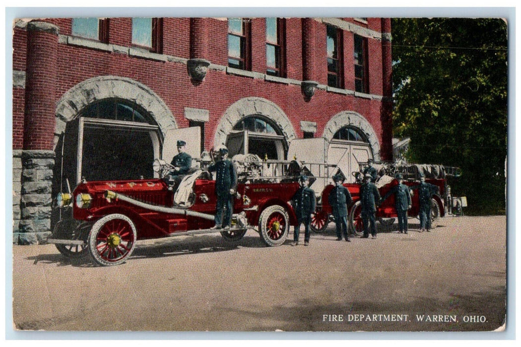 View Of Fire fighter Fire Department Trucks Warren Ohio OH Vintage Postcard