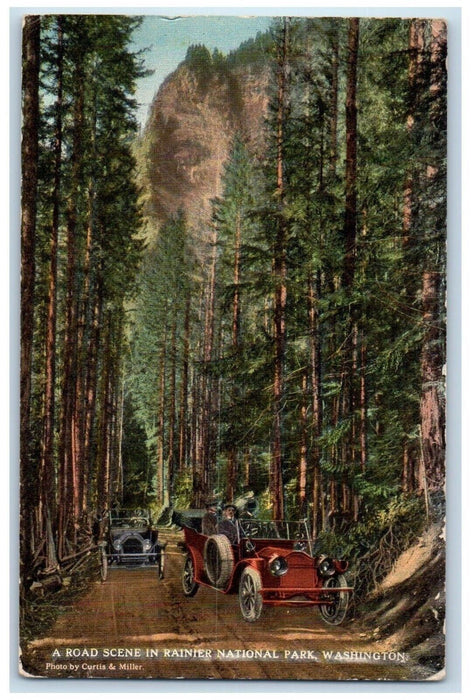 1916 Road Scene Rainier Classic Cars Mountain National Park Washington Postcard