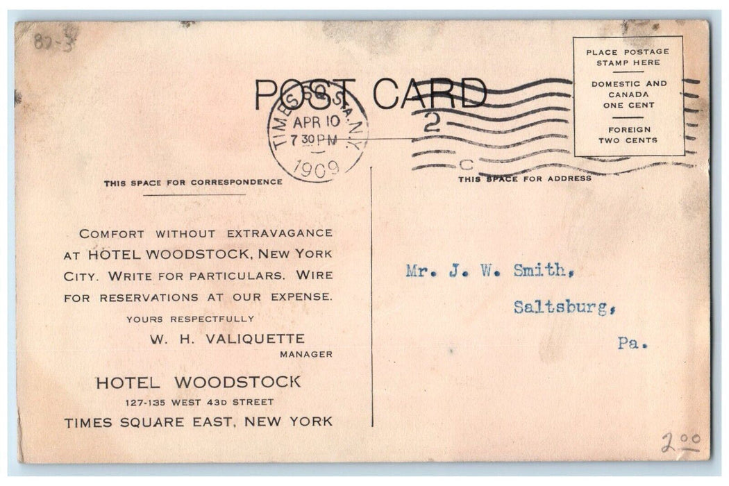 1909 Hotel Woodstock Exterior New York City Times Square East New York Postcard