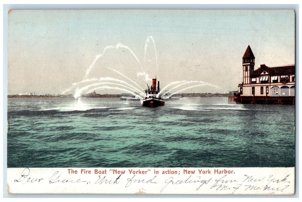 1906 The Fire Boat New Yorker In Action New York Harbor NY Antique Postcard