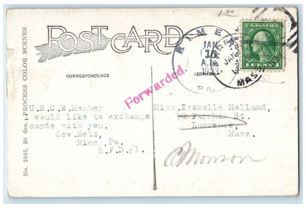 1933 Greetings From Tidal Mountain River Lake Field Trees Pennsylvania Postcard