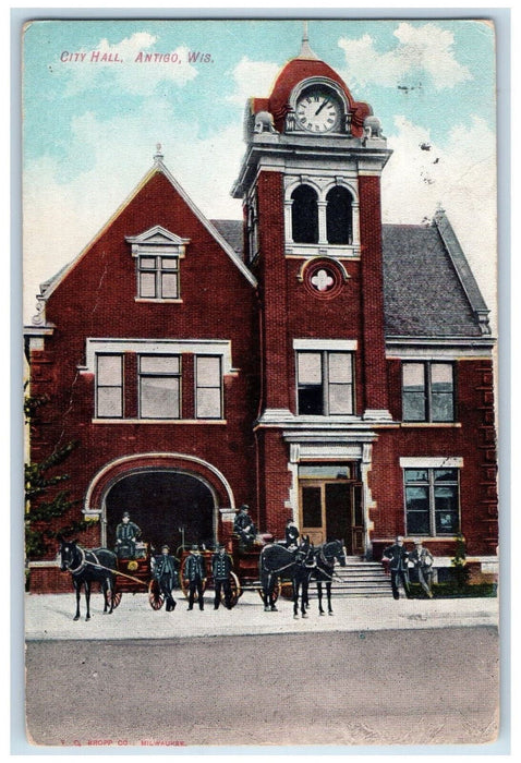 1911 City Hall Building Clock Tower Horse Carriage Antigo Wisconsin WI Postcard