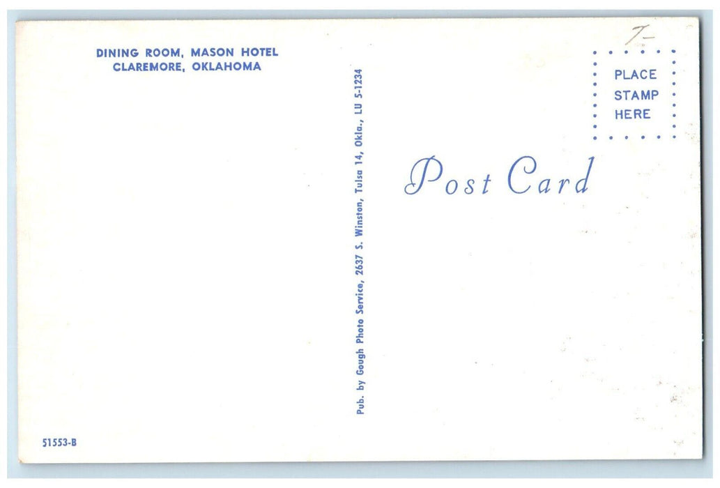 c1960 Dining Room Mason Hotel Interior Restaurant Claremore Oklahoma OK Postcard