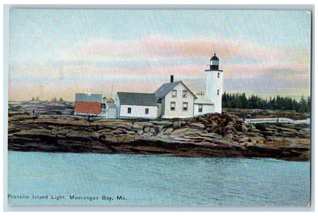 View Of Franklin Island Lighthouse Muscongus Bay Maine ME Vintage Postcard