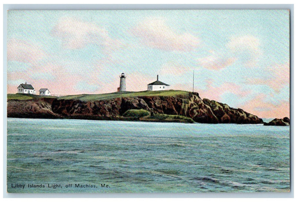 View Of Libby Island Lighthouse Houses Off Machias Maine ME Vintage Postcard