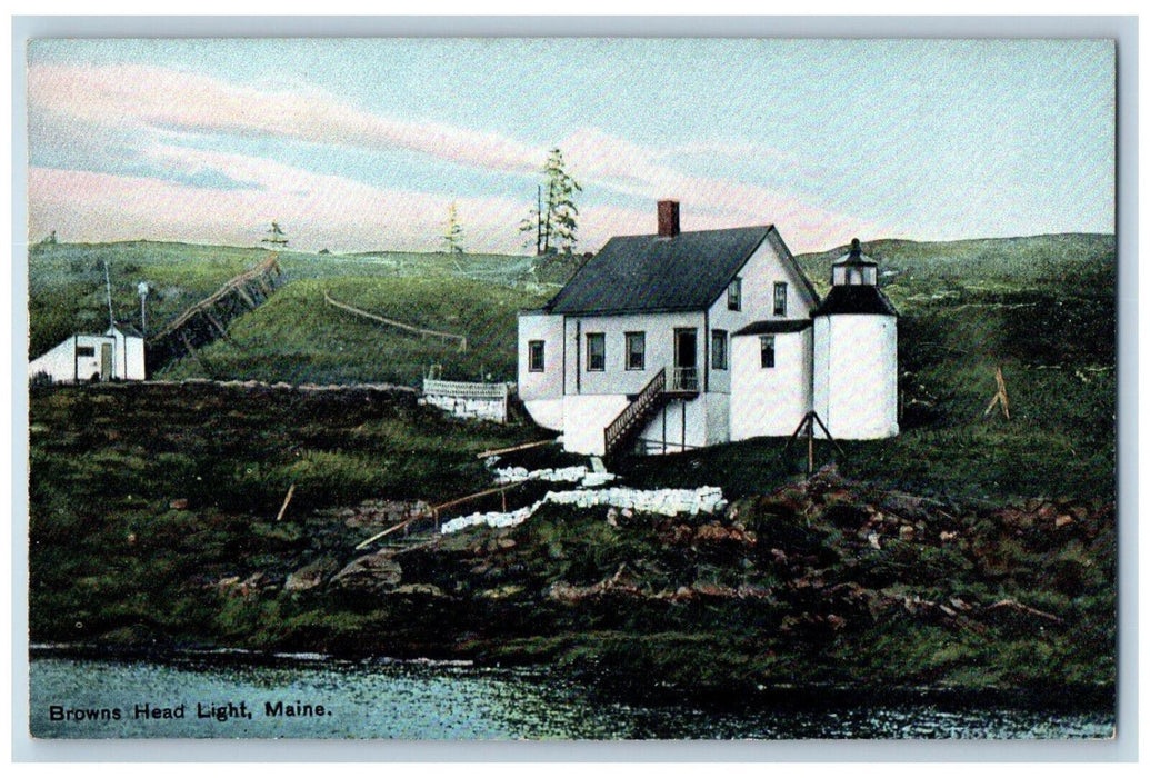 View Of Browns Head Light Vinalhaven Maine ME, House Scene Vintage Postcard