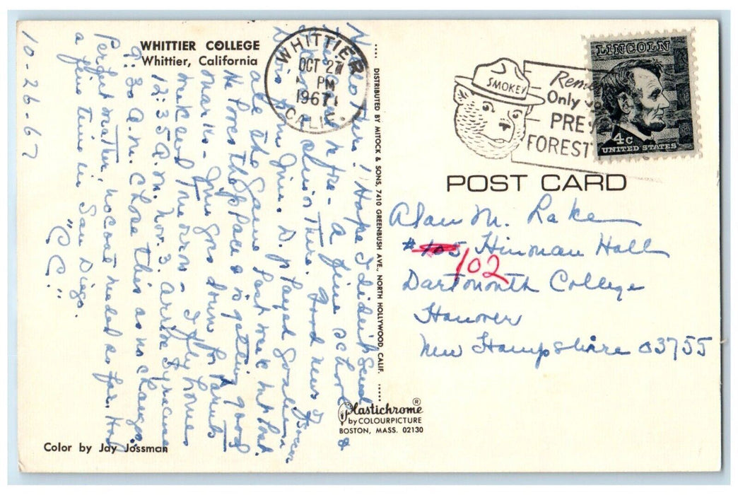 1967 Whittier College Exterior Building Field Trees Whittier California Postcard