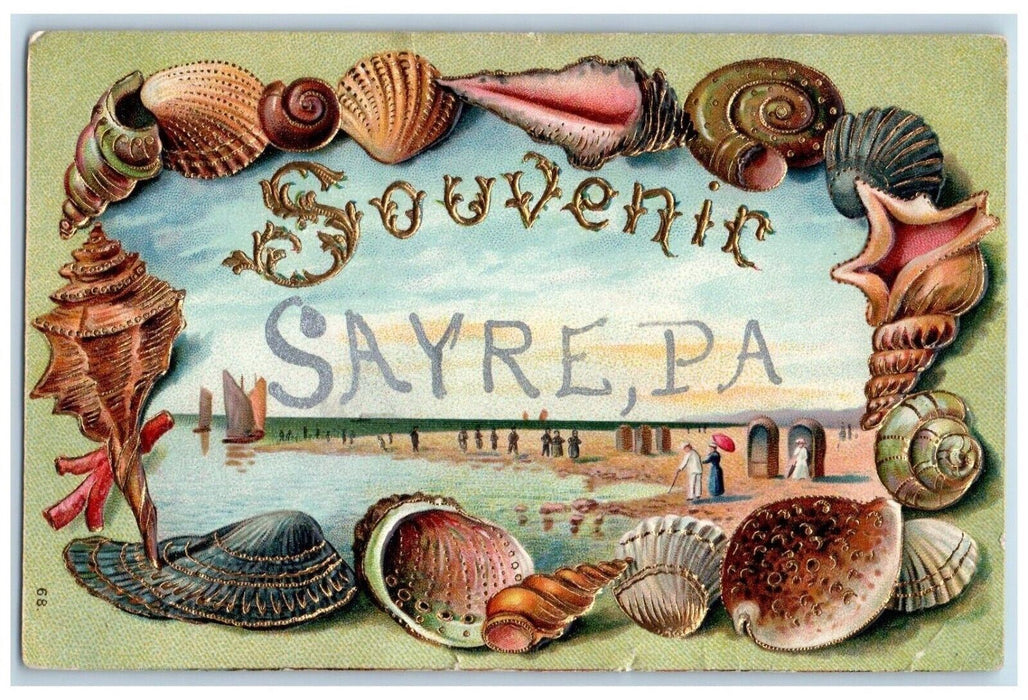 1909 Souvenir Seashell Beach Sailboat Sea Embossed Sayre Pennsylvania Postcard